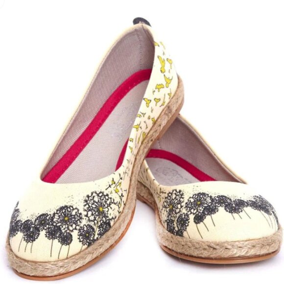 NWT White Cream Floral & Yellow Bird Ballet Flats Wicker Vegan Handmade, 6.5/37 - Picture 1 of 9